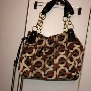 Coach Bag, Fabric, Brown and Beige Circles, Big